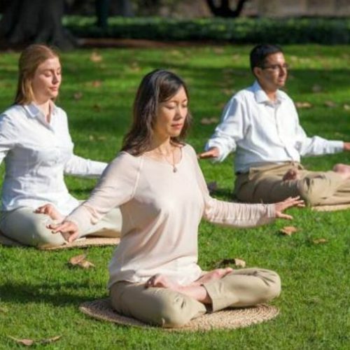 People doing the fifth set (sitting meditation) of the Falun Dafa exercises.